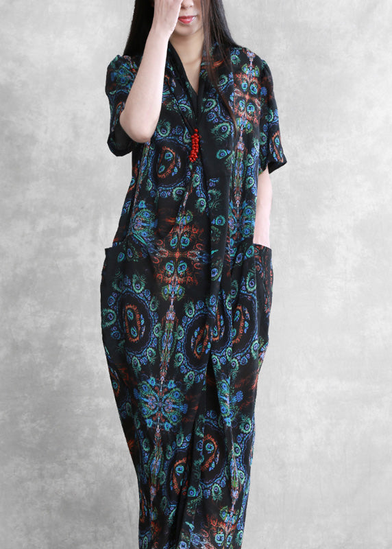 Bohemian Blue Black V Neck Print Wrinkled Silk Ankle Dress Summer LY5134 - fabuloryshop