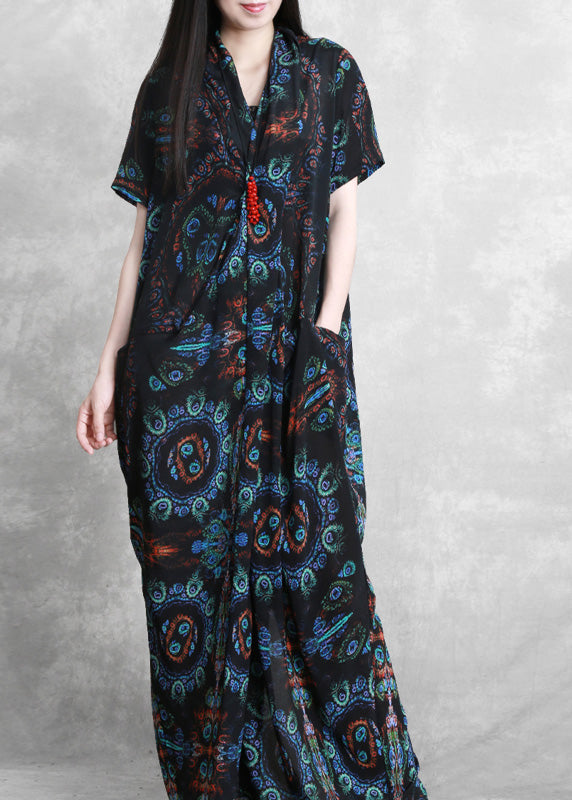 Bohemian Blue Black V Neck Print Wrinkled Silk Ankle Dress Summer LY5134 - fabuloryshop