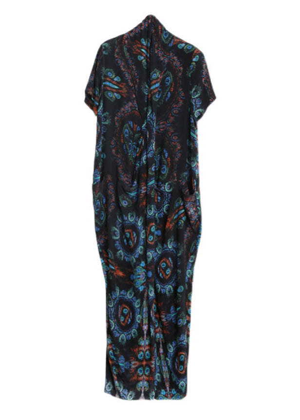 Bohemian Blue Black V Neck Print Wrinkled Silk Ankle Dress Summer LY5134 - fabuloryshop