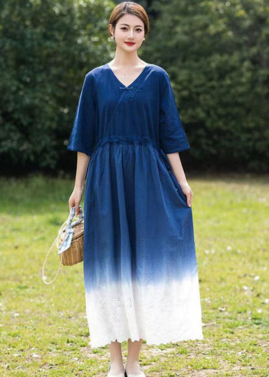 Bohemian Blue Gradient V Neck Hollow Out Patchwork Linen Dress Summer LY2525 - fabuloryshop