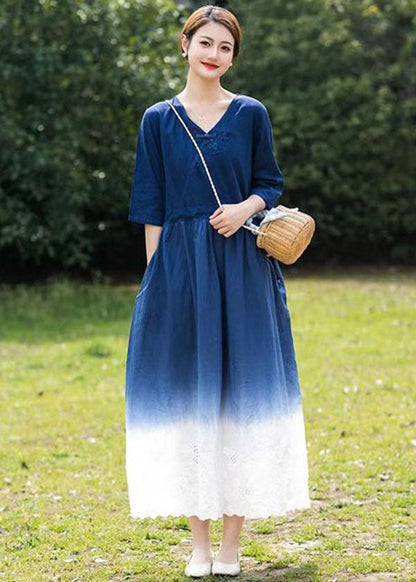 Bohemian Blue Gradient V Neck Hollow Out Patchwork Linen Dress Summer LY2525 - fabuloryshop