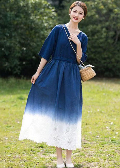 Bohemian Blue Gradient V Neck Hollow Out Patchwork Linen Dress Summer LY2525 - fabuloryshop