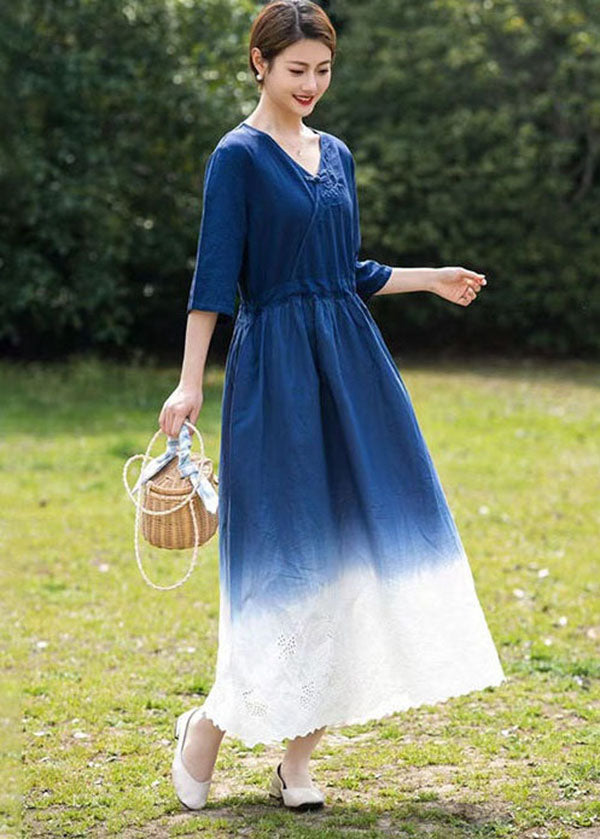 Bohemian Blue Gradient V Neck Hollow Out Patchwork Linen Dress Summer LY2525 - fabuloryshop