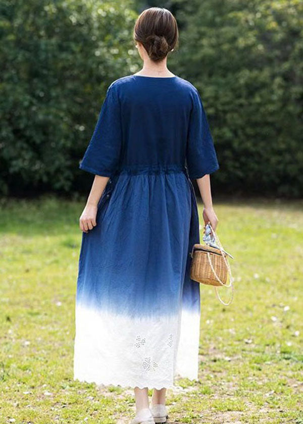 Bohemian Blue Gradient V Neck Hollow Out Patchwork Linen Dress Summer LY2525 - fabuloryshop