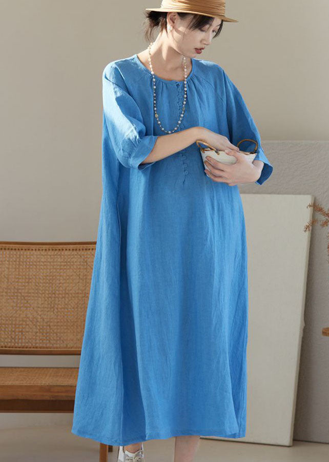 Bohemian Blue O Neck Patchwork Linen Dresses Bracelet Sleeve LY2493