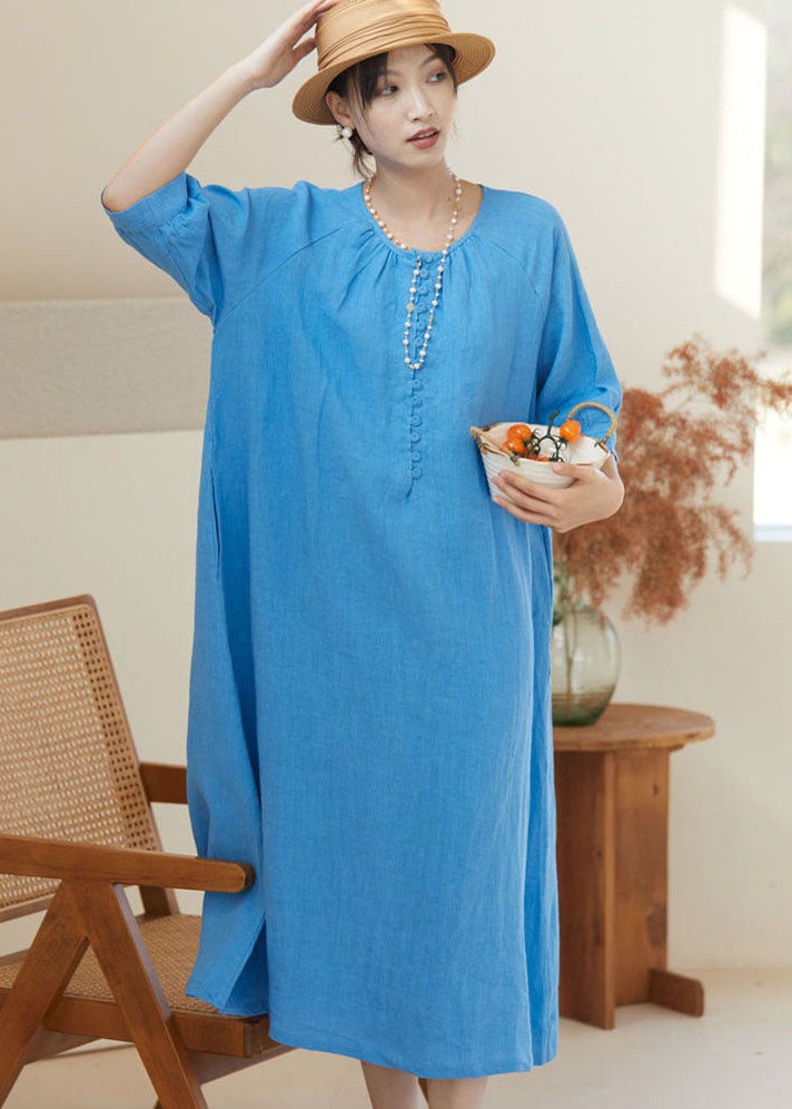 Bohemian Blue O Neck Patchwork Linen Dresses Bracelet Sleeve LY2493 - fabuloryshop