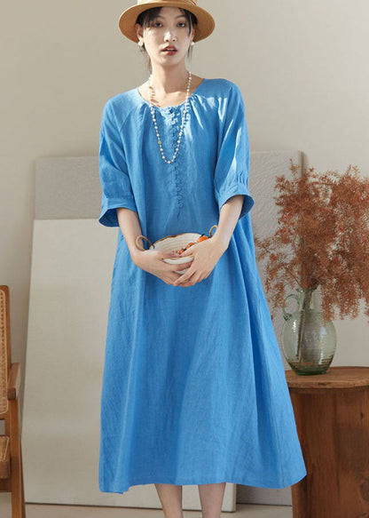 Bohemian Blue O Neck Patchwork Linen Dresses Bracelet Sleeve LY2493 - fabuloryshop