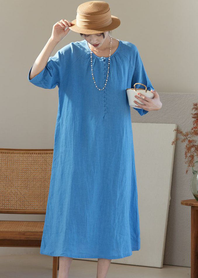 Bohemian Blue O Neck Patchwork Linen Dresses Bracelet Sleeve LY2493