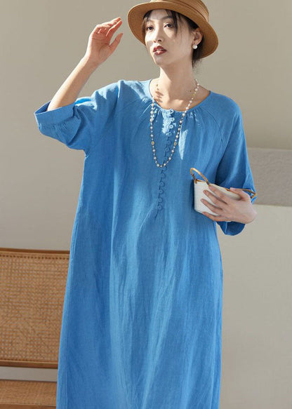 Bohemian Blue O Neck Patchwork Linen Dresses Bracelet Sleeve LY2493 - fabuloryshop