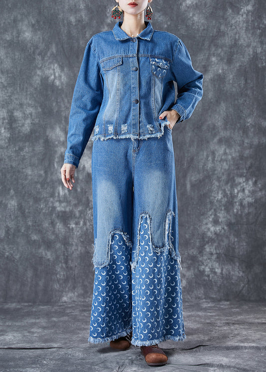 Bohemian Blue Oversized Patchwork Tassel Denim Two-Piece Set Spring LY5663 - fabuloryshop