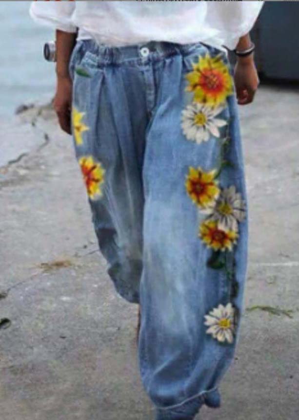 Bohemian Blue Oversized Sunflower Print Denim Harem Pants Summer LY3953 - fabuloryshop