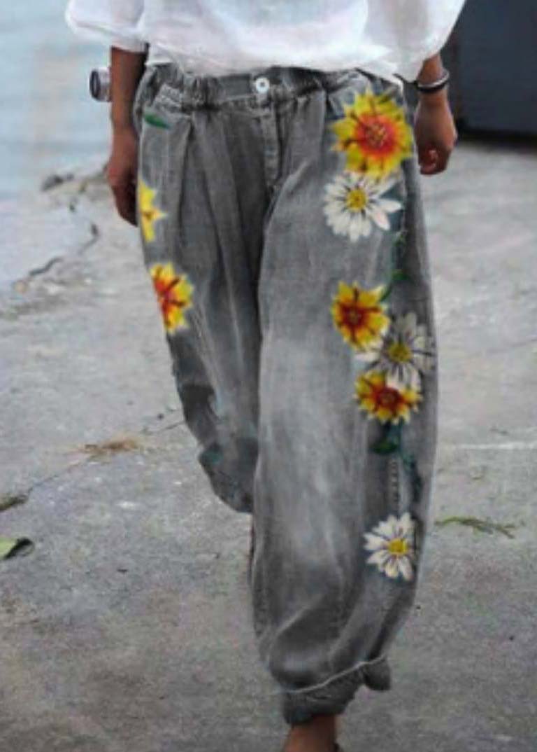 Bohemian Blue Oversized Sunflower Print Denim Harem Pants Summer LY3953 - fabuloryshop