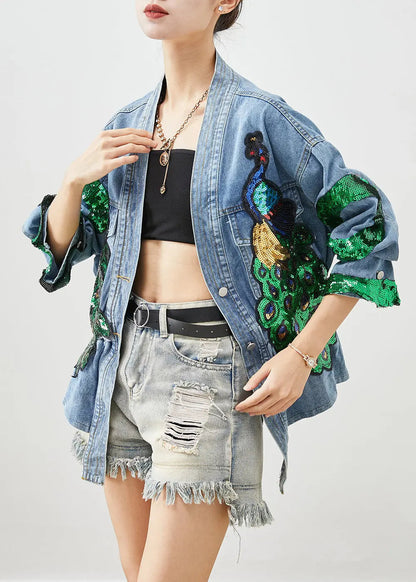 Bohemian Blue Peacock Sequins Elastic Waist Denim Coats Fall Ada Fashion