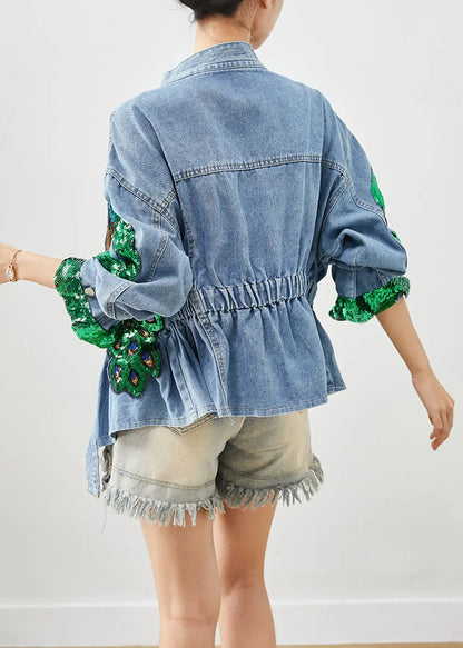 Bohemian Blue Peacock Sequins Elastic Waist Denim Coats Fall Ada Fashion