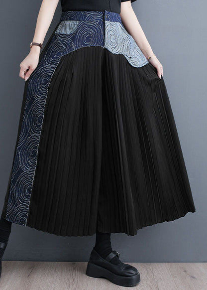 Bohemian Blue Pockets Wrinkled Denim Patchwork Cotton Wide Leg Pants Skirt Summer LY5314 - fabuloryshop