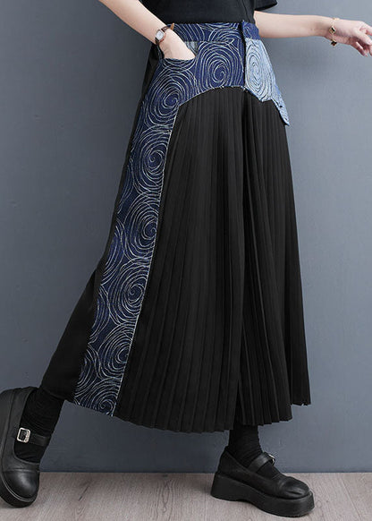 Bohemian Blue Pockets Wrinkled Denim Patchwork Cotton Wide Leg Pants Skirt Summer LY5314 - fabuloryshop