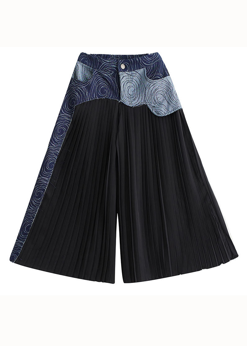 Bohemian Blue Pockets Wrinkled Denim Patchwork Cotton Wide Leg Pants Skirt Summer LY5314 - fabuloryshop