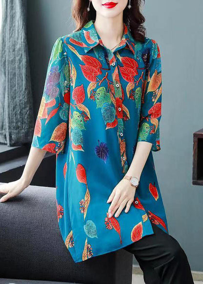 Bohemian Blue Print Button Patchwork Chiffon Shirts Tops Bracelet Sleeve Ada Fashion