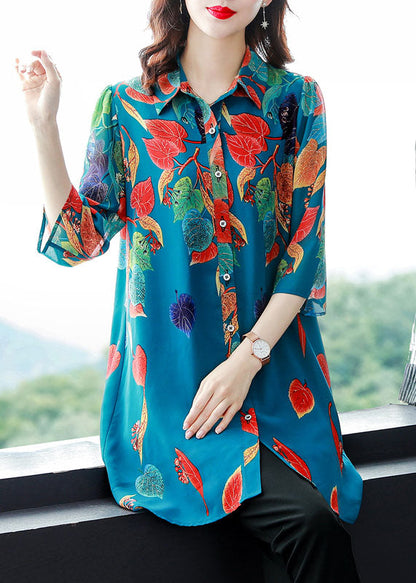 Bohemian Blue Print Button Patchwork Chiffon Shirts Tops Bracelet Sleeve Ada Fashion