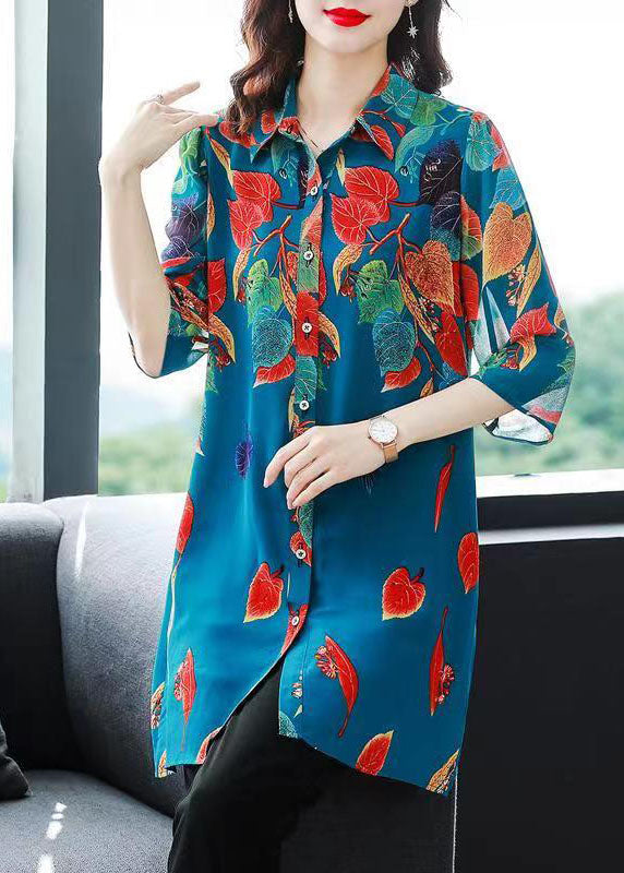 Bohemian Blue Print Button Patchwork Chiffon Shirts Tops Bracelet Sleeve Ada Fashion