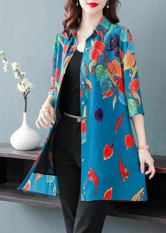 Bohemian Blue Print Button Patchwork Chiffon Shirts Tops Bracelet Sleeve Ada Fashion