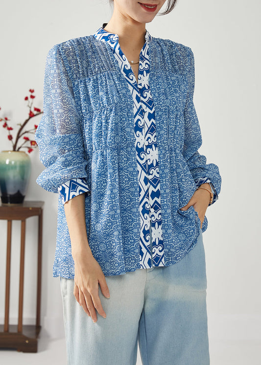 Bohemian Blue Print Patchwork Wrinkled Chiffon Blouses Spring LC0383 - fabuloryshop