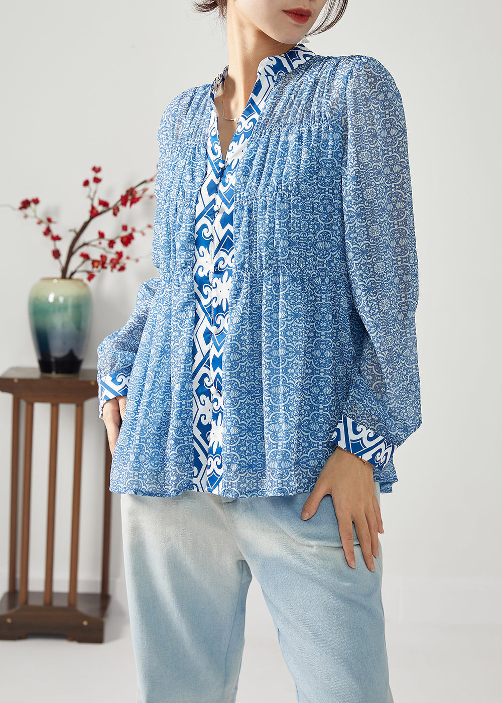 Bohemian Blue Print Patchwork Wrinkled Chiffon Blouses Spring LC0383 - fabuloryshop