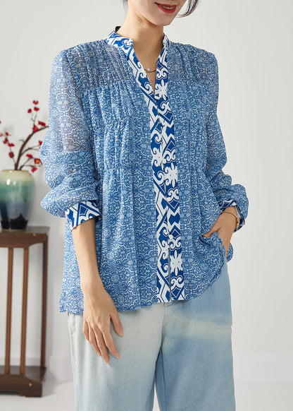 Bohemian Blue Print Patchwork Wrinkled Chiffon Blouses Spring LY1113 - fabuloryshop