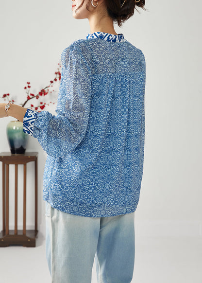 Bohemian Blue Print Patchwork Wrinkled Chiffon Blouses Spring LC0383 - fabuloryshop