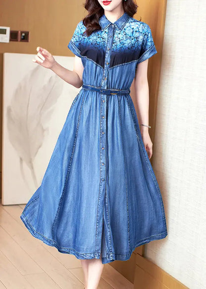 Bohemian Blue Print Pockets Patchwork Denim Dress Summer Ada Fashion