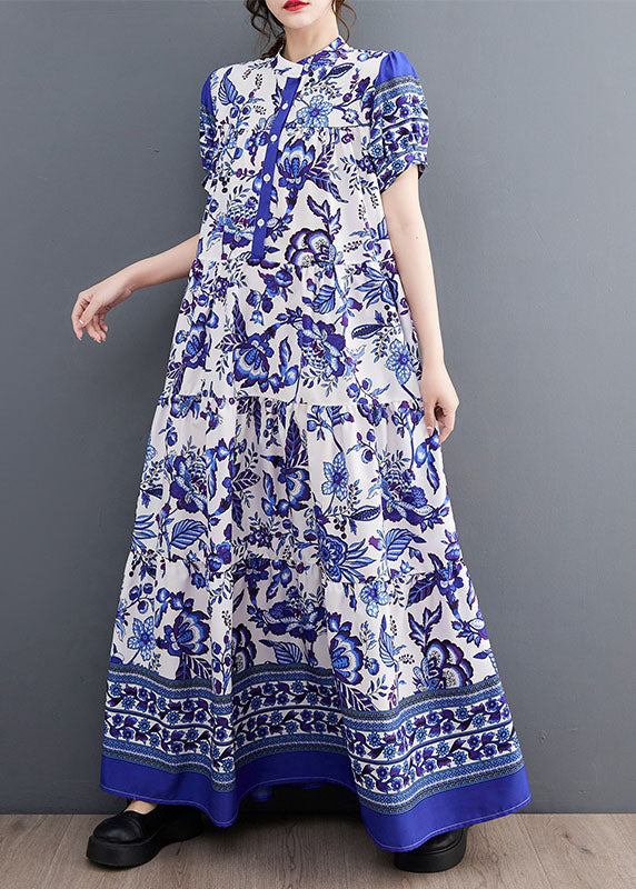 Bohemian Blue Print Stand Collar Chiffon Long Dress Lantern Sleeve LY1493 - fabuloryshop