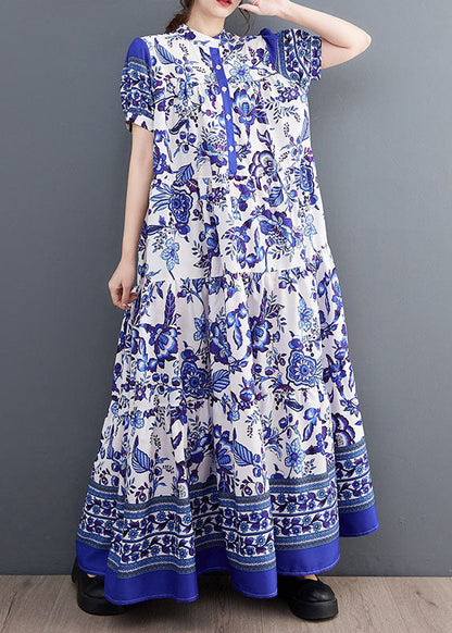 Bohemian Blue Print Stand Collar Chiffon Long Dress Lantern Sleeve LY1493 - fabuloryshop