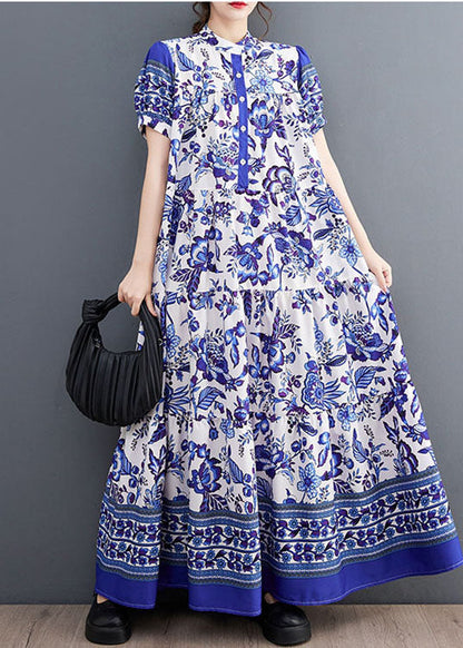 Bohemian Blue Print Stand Collar Chiffon Long Dress Lantern Sleeve LY1493 - fabuloryshop