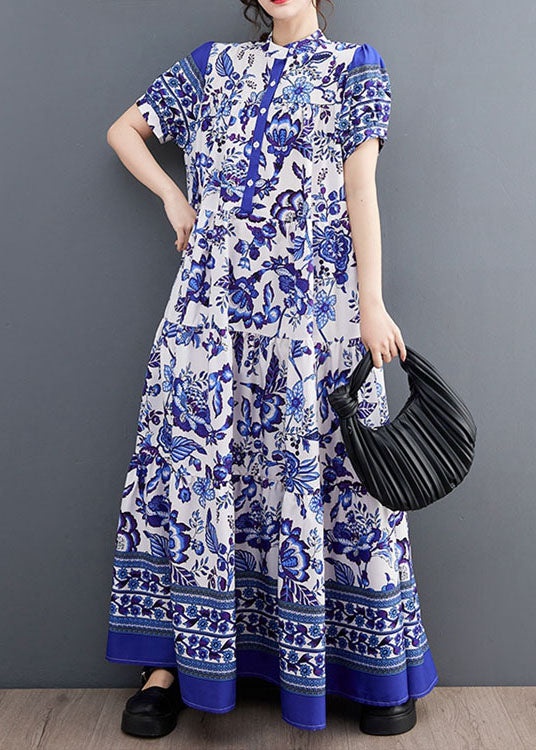 Bohemian Blue Print Stand Collar Chiffon Long Dress Lantern Sleeve LY1493 - fabuloryshop