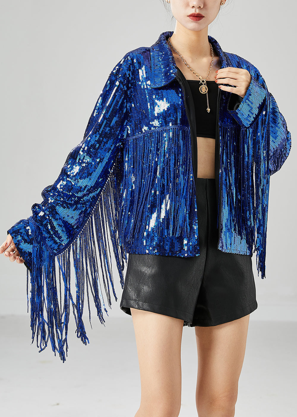 Bohemian Blue Sequins Patchwork Tassel Coats Summer LY6788 - fabuloryshop