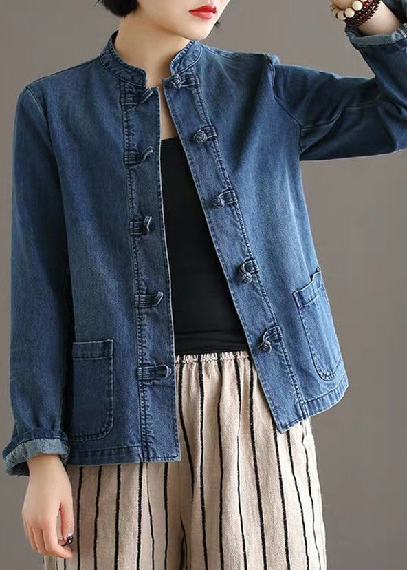 Bohemian Blue Stand Collar Pockets Patchwork Button Denim Coats Fall Ada Fashion