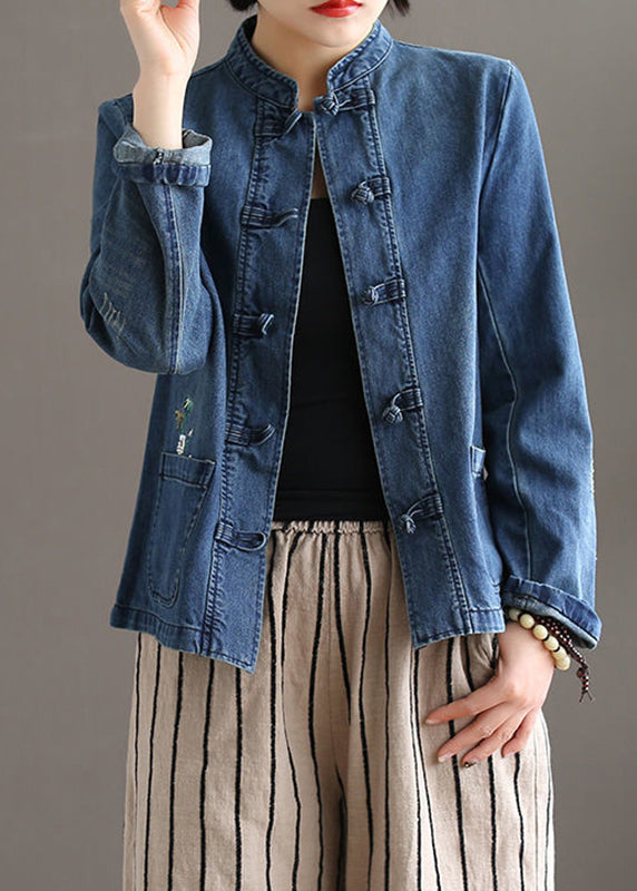 Bohemian Blue Stand Collar Pockets Patchwork Button Denim Coats Fall Ada Fashion