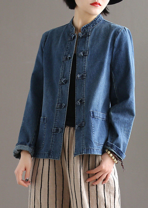 Bohemian Blue Stand Collar Pockets Patchwork Button Denim Coats Fall Ada Fashion