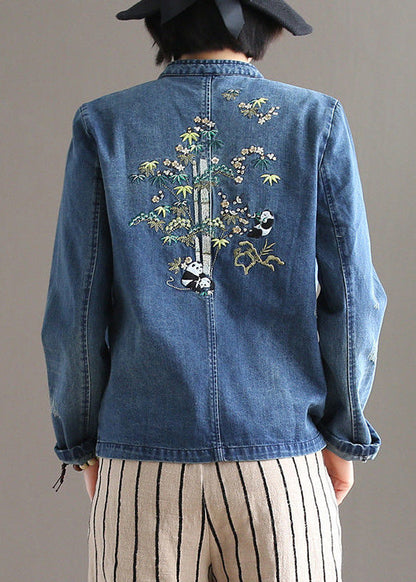 Bohemian Blue Stand Collar Pockets Patchwork Button Denim Coats Fall Ada Fashion