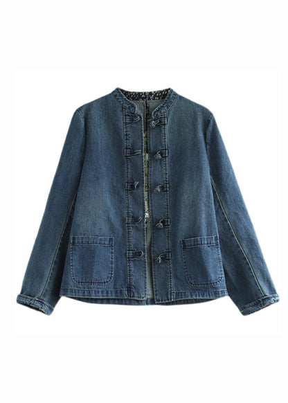 Bohemian Blue Stand Collar Pockets Patchwork Button Denim Coats Fall Ada Fashion