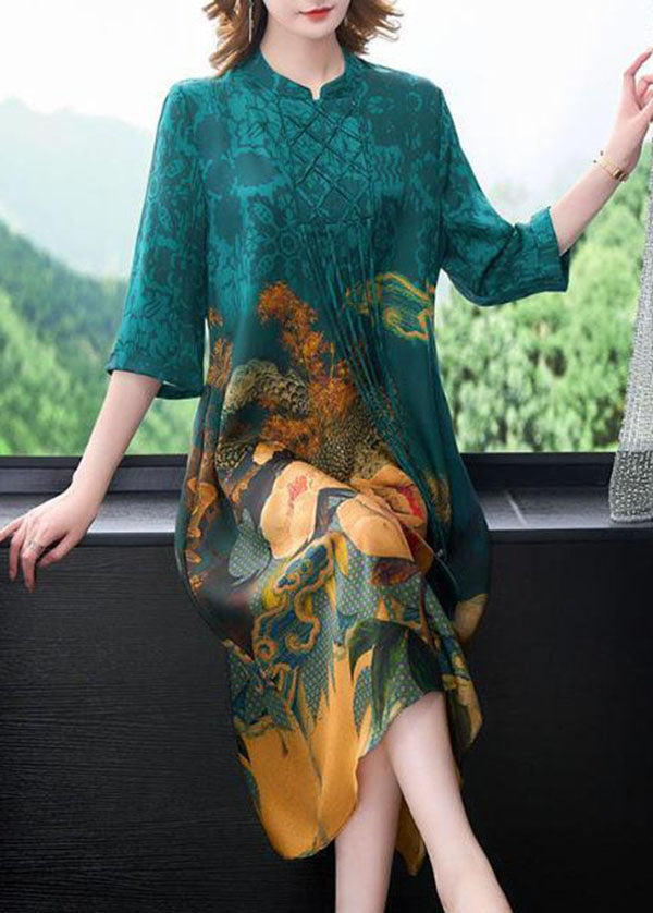 Bohemian Blue Stand Collar Print Tassel Silk Long Dress Half Sleeve LC0199 - fabuloryshop