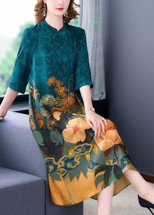 Bohemian Blue Stand Collar Print Tassel Silk Long Dress Half Sleeve LC0199 - fabuloryshop