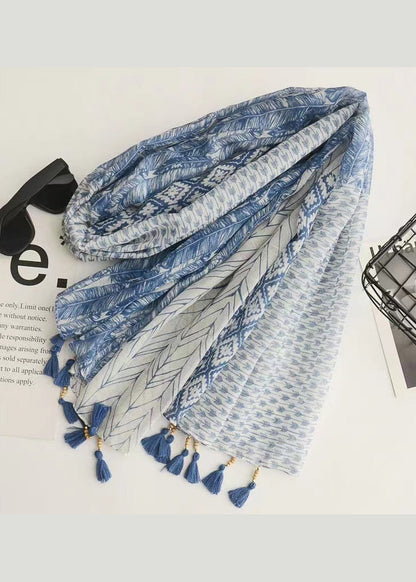 Bohemian Blue Tasseled Print Cotton Scarf Ada Fashion