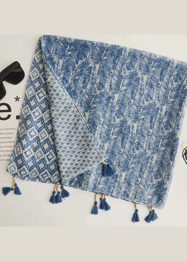 Bohemian Blue Tasseled Print Cotton Scarf Ada Fashion