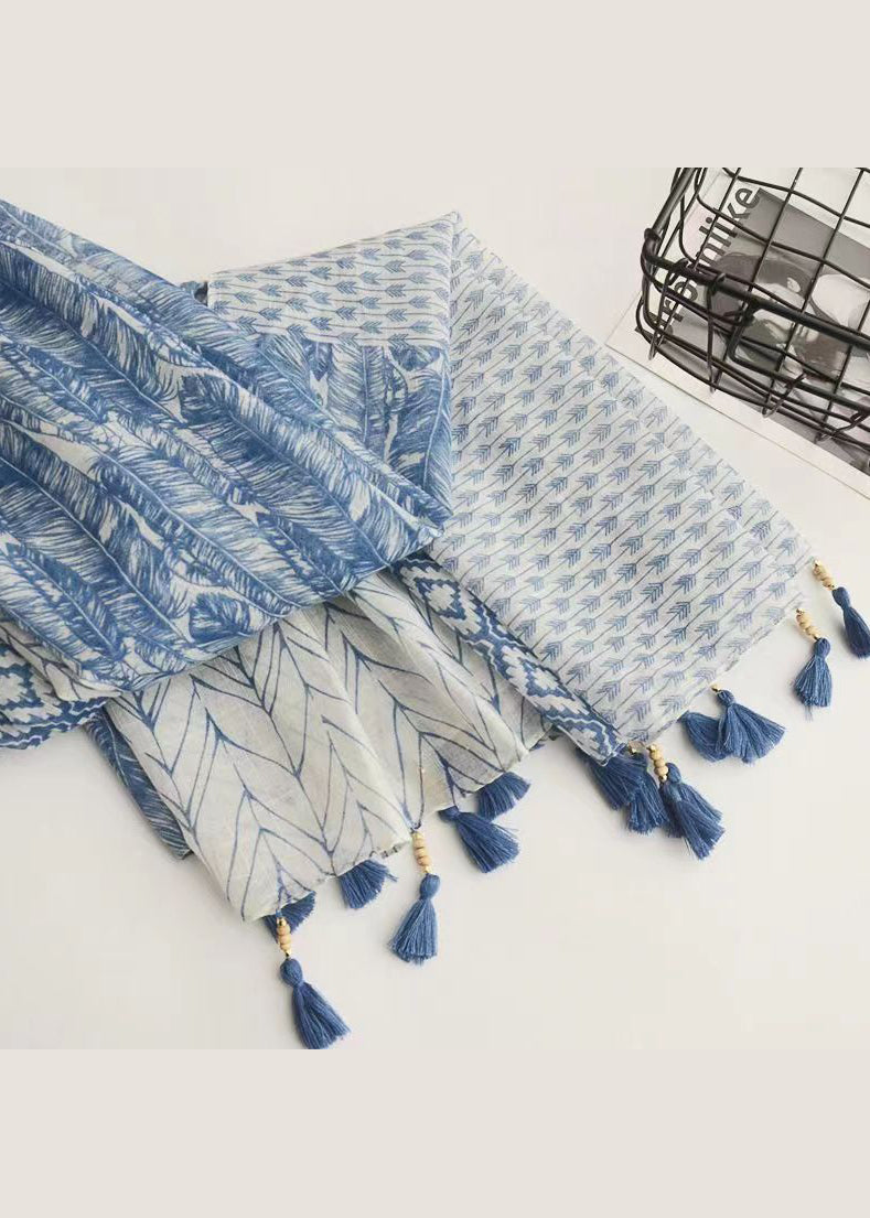 Bohemian Blue Tasseled Print Cotton Scarf Ada Fashion