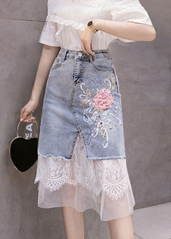 Bohemian Blue Tulle Patchwork Floral Button Denim Skirt TY1075 - fabuloryshop