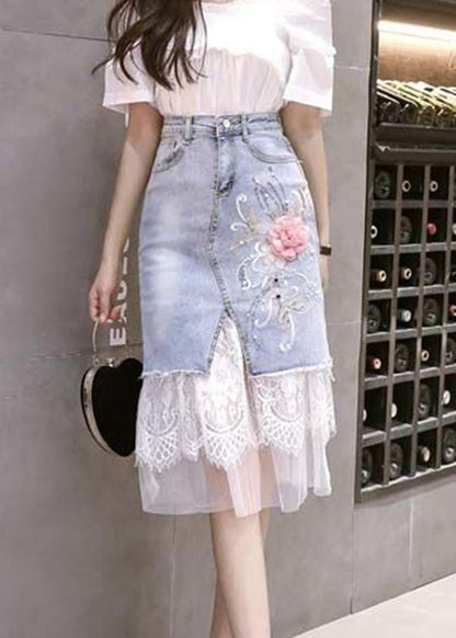 Bohemian Blue Tulle Patchwork Floral Button Denim Skirt TY1075 - fabuloryshop