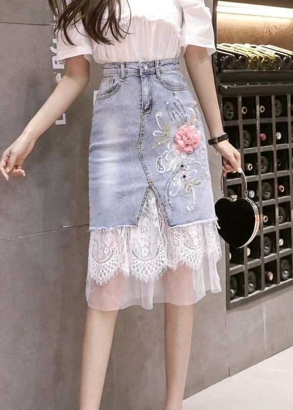 Bohemian Blue Tulle Patchwork Floral Button Denim Skirt TY1075 - fabuloryshop