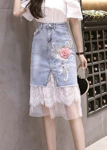 Bohemian Blue Tulle Patchwork Floral Button Denim Skirt TY1075 - fabuloryshop