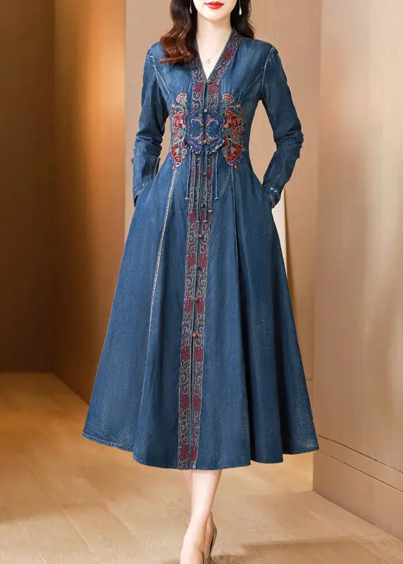 Bohemian Blue V Neck Embroideried Patchwork Denim Dresses Fall Ada Fashion